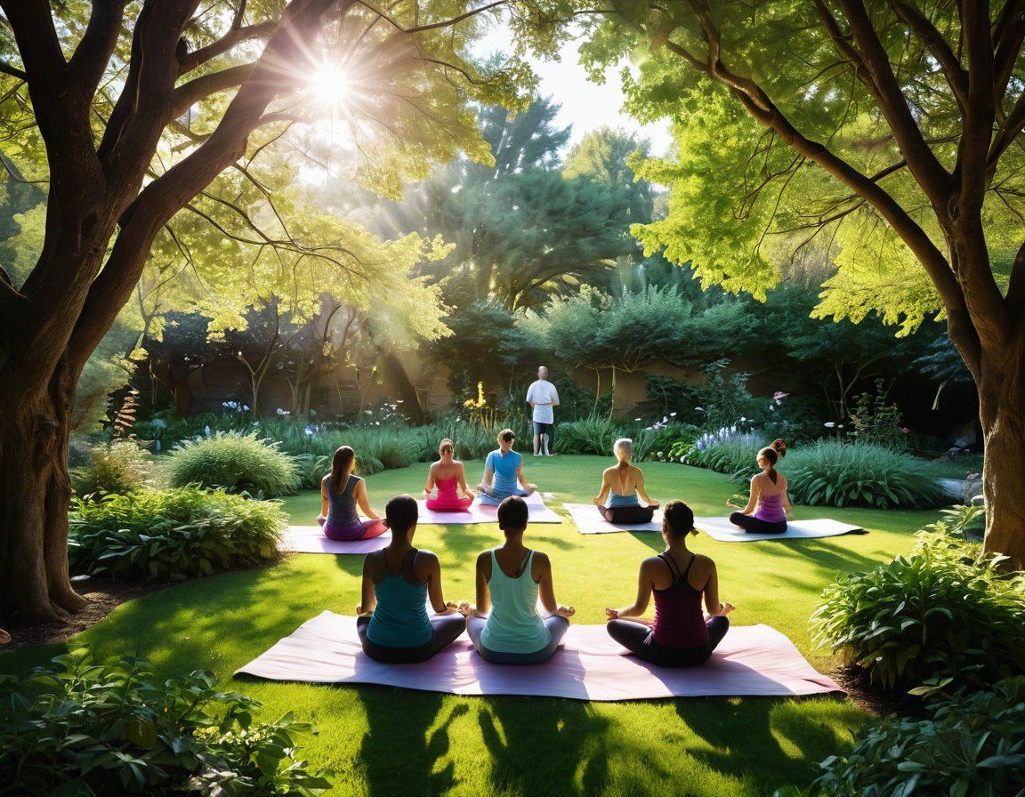 A serene landscape featuring a diverse group of individuals engaged in various healing practices such as meditation, yoga, and healthy cooking within a tranquil garden. Soft sunlight filters through trees, illuminating spots where people are enjoying fresh fruits and nature. Symbolic elements like ribbons representing cancer awareness are subtly integrated. Emphasize a sense of community, hope, and wellness. vibrant colors. peaceful atmosphere. 3D.
