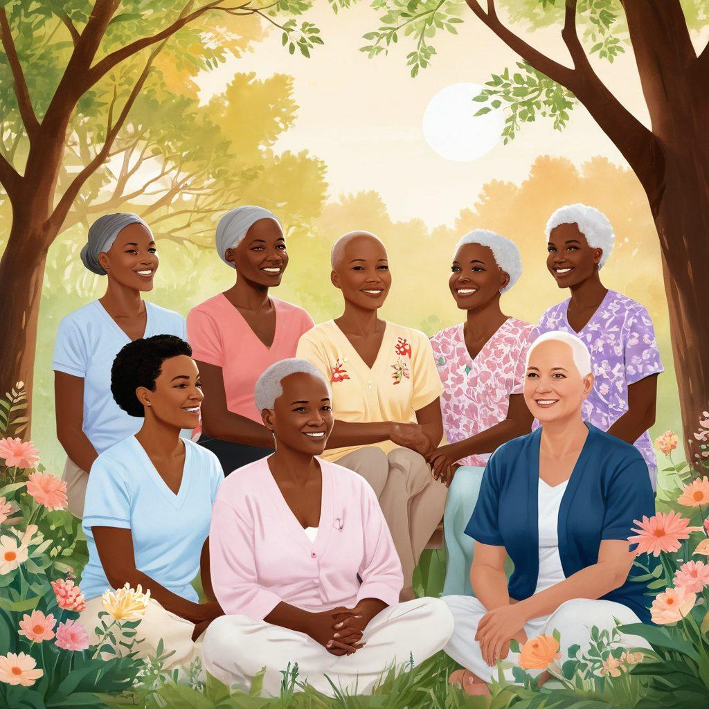 A serene, hopeful illustration of a diverse group of cancer survivors sharing experiences, surrounded by soothing nature elements like trees and flowers. Include empowering symbols like a rising sun and support ribbons to evoke strength and resilience. Soft, warm colors to create an inviting atmosphere. super-realistic. vibrant colors. peaceful background.