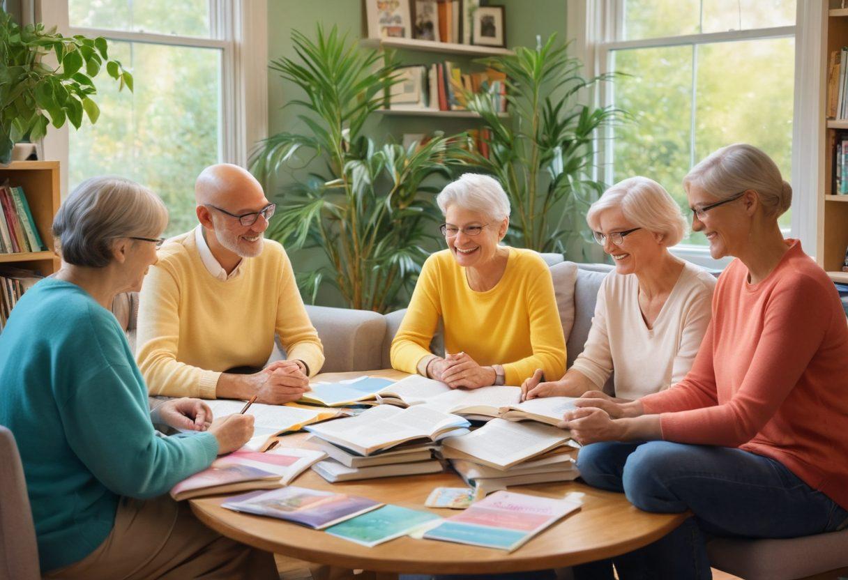 A serene, uplifting scene depicting a support group for cancer patients, showcasing diverse individuals sharing smiles and encouragement, surrounded by open books and pamphlets about resources. Include soft pastel colors and gentle lighting to evoke warmth and hope. Element of nature in the background, such as trees or flowers, symbolizing growth and resilience. painting. vibrant colors.